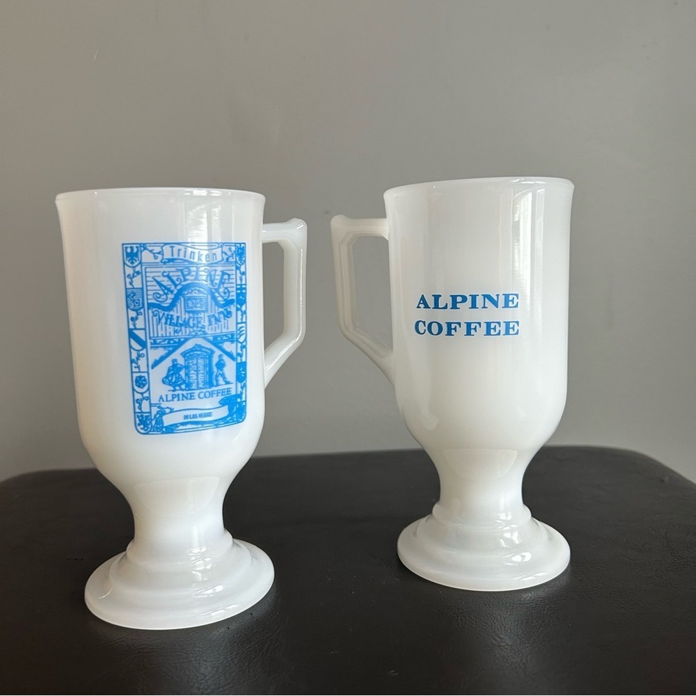 Set of 2 Alpine Inn Vintage Milk Glass Coffee Mugs with Pedestal Base